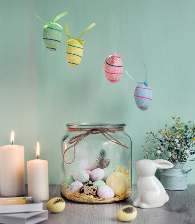 Easter is the bright and kind holiday with the spring breath. Eggs, cakes and rabbits are the main symbols of this day.の写真素材