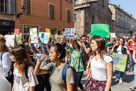 Parma, Italy - 24 may, 2019: strikers with banners, global climate strikeのeditorial素材