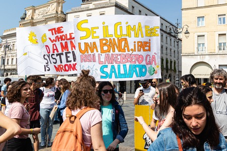 Parma, Italy - 24 may, 2019: strikers with banners, global climate strike