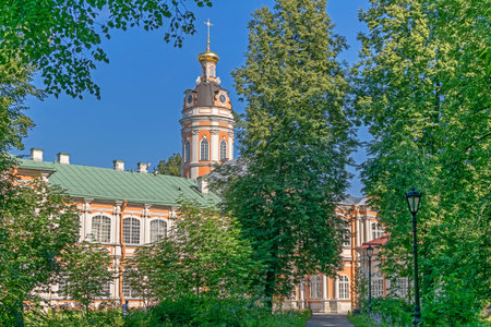 Metropolitan garden and Feodorovskaya Church or the Church of the Holy Prince Feodor of Novgorod, part of the Saint Alexander Nevsky Lavra or Saint Alexander Nevsky Monastery in Saint Petersburg, Russiaの写真素材
