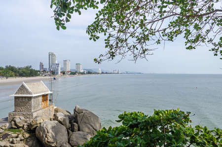 View at Hua hin town, a coastal city near Bangkok on the Gulf of Thailand, and beach front from the Chopsticks Hill Khao Takiap, known locally as Monkey Mountainの写真素材