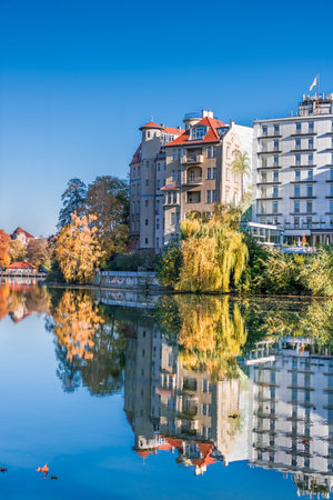 Berlin, Germany - November 7, 2020: Shore of Lake Lietzen with buildings of Haus See-Eck, Belle-Etage, Pension Kammern am See and Ringhotel Seehofのeditorial素材