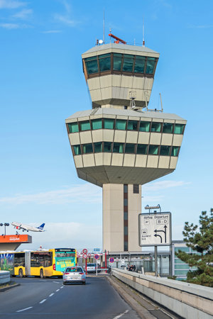 Berlin, Germany - October 22, 2020: Control tower and car entrance to the terminals B and D of Berlin-Tegel Otto Lilienthal main international airportのeditorial素材