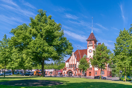 Berlin, Germany - June 3, 2021: Nikolassee railway station notable for its prominent Neo-Gothic entrance building, built in 1902 combining medieval architectural elements with the Art Nouveau styleのeditorial素材