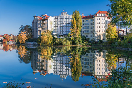 Berlin, Germany - November 7, 2020: Shore of Lake Lietzen with buildings of Haus See-Eck, Belle-Etage, Pension Kammern am See and Ringhotel Seehofのeditorial素材