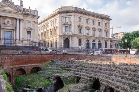 Catania, Italy - November 7, 2015: A view of the Roman Amphitheater in front of the church of San Biagio, also known as the church of St. Agatha to the Furnace..のeditorial素材