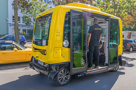 Berlin, Germany - August 23, 2019: First self-driving bus or autonomous car transporting six passengers accompanied by a human supervisor for the safetyのeditorial素材