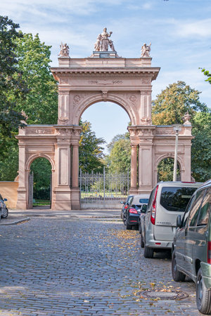 Berlin, Germany - October 3, 2020: Entrance gate of the Buergerpark (Community Park), the public green area in the most populous and the second-largest borough of Pankowのeditorial素材