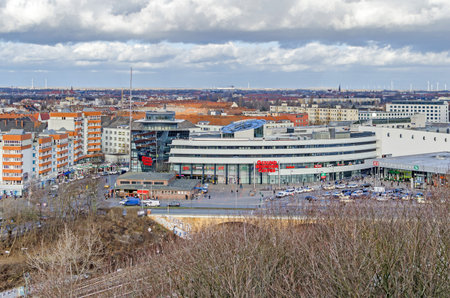 Berlin, Germany - February 11, 2019: View from the Flak tower Humboldthain at the shopping mall Gesundbrunnen Center and apartment houses in a district Weddingのeditorial素材