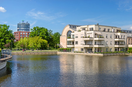 Berlin, Germany - May 12, 2019: Harbor basin Tegeler Hafen with buildings of the Humboldt Library and the clinic Medical Park Humboldtmuehleのeditorial素材