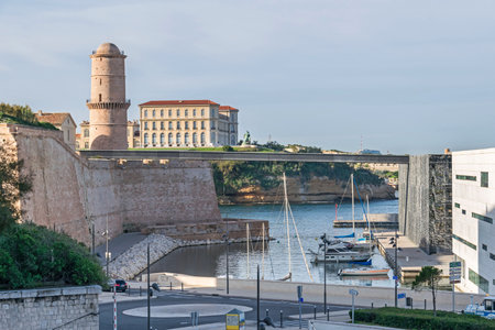 Marseille, France - November 1, 2019: Historic port area with promenade Esplanade J4, Fort Saint-Jean, palace Palais du Pharo and MuCEM, Museum of European and Mediterranean Civilizationsのeditorial素材