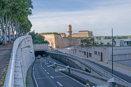 Marseille, France - November 1, 2019: View at the car road Esplanade de la Tourette, Fort Saint-Jean at the entrance to the Old Port and Avenue Vaudoyer with the Museum Regards de Provenceのeditorial素材