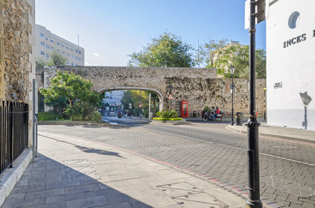 Gibraltar, British Overseas Territory - November 8, 2018: View of the gate from the Main Street to the Line Wall Roadのeditorial素材