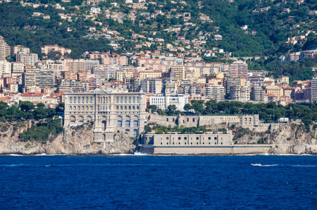Monaco, Principality of Monaco - May 30, 2016: The view of the modern buildings and Oceanographic Museum of Monaco as seen from the sea in the most densely populated country in the world.のeditorial素材