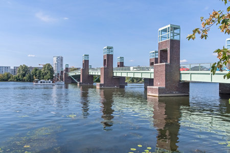 Berlin, Germany - September 4, 2022: Maselake bay of the River Havel with the recreational boat and its steel beam (girder) bridge Spandauer-See Brueckeのeditorial素材