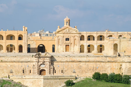 Valletta, Malta - November 8, 2015: View of Fort Manoel - an example of Baroque architecture, - on Manoel Island in Gzira from the sea. Fort Manoel is located to the north west of Valletta, and commands Marsamxett Harbour and the anchorage of Sliema Creekのeditorial素材