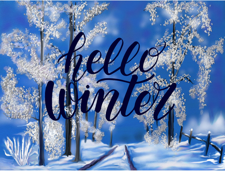 Poster for Winter season: vintage christmas logo with snowflakes on white background, decorative handwritten font for text hello winter, hand lettering typography for calligraphic winter sign..JPEG fileの写真素材