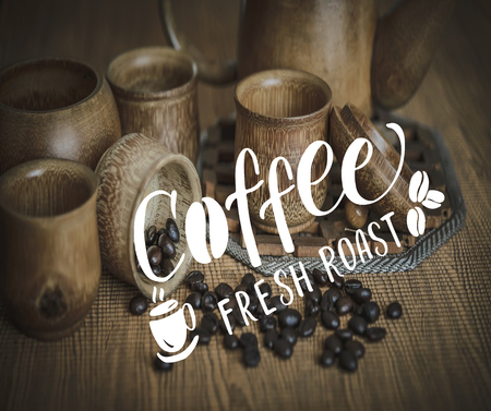 Hand drawn coffee fresh roast with coffee beabns backgroundの写真素材