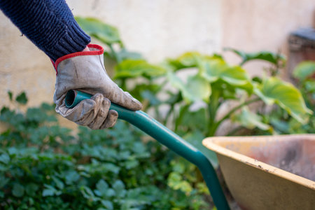 Man hands with dirty work gloves carrying wheelbarrow in home gardenの写真素材