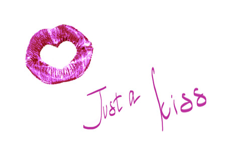Imprint bright pink lipstick with heart and red handwritten text on white background. Design element for posters, greeting cards with a kiss on Valentine's Day.の写真素材