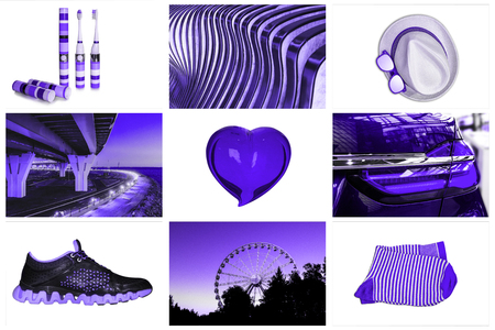 Collage of fashion accessories (a glass heart, a hat, toothbrushes, socks, sneakers, bridges, a Ferris wheel) trend color of the year 2018 Ultra Violet.の写真素材