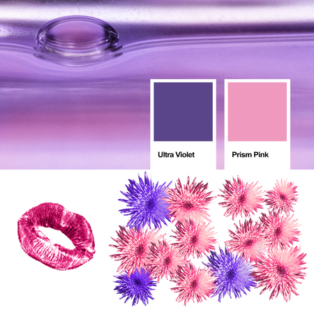 Collage of photos trendy color of the year 2018 ultra violet, kindred spirits with Prism Pink. Floral pattern blossom flowers, print lips kiss and an abstract background with a drop of water.の写真素材