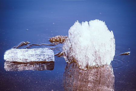 Ice floes in a river during a spring ice drift, close-up.の写真素材