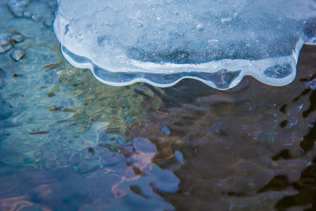 Surface of the frozen lake. Melting ice on river. Spring is coming.の写真素材