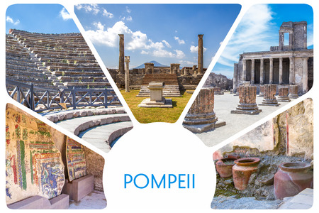 Photo collage from the ancient city of Pompeii - the ruins of antique houses, columns, clay pots, mosaic, frescoes, volcano Vesuvius, Naples, Italy.の写真素材