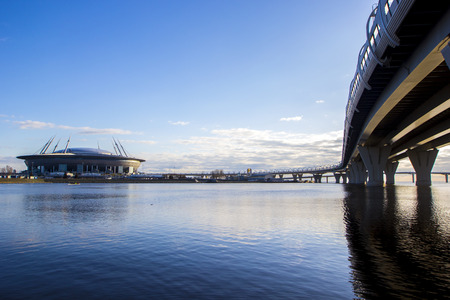 SAINT-PETERSBURG, RUSSIA - APRIL 22, 2018: View from Neva river and Finnish Gulf to new stadiumのeditorial素材