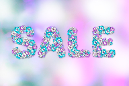Sale banner with bright pink-blue flowers on blur floral background. Card, posters, brochure, flyers, invitation, voucher discount.の写真素材