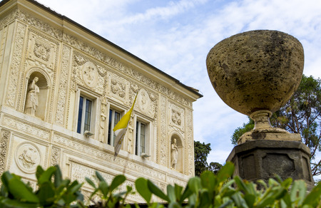 View of Villa Pia and antique stone vase in Vatican Gardens, Rome, Italy.の写真素材