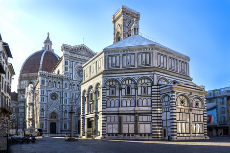 Cathedral of Santa Maria del Fiore and Baptistery of St. John Battistero di San Giovanni early morning at sunrise, Florence, Tuscany, Italyの写真素材