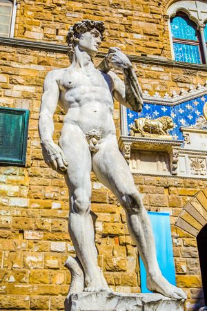 Statue of David by Michelangelo Palazzo Vecchio (Old Palace) on Piazza della Signoria, Florence, Tuscany, Italyのeditorial素材