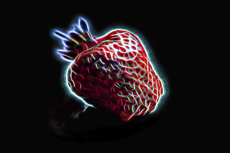 Abstract glowing neon strawberry in bright red, blue colors on black background, in form of graphic design and modern technologyの写真素材