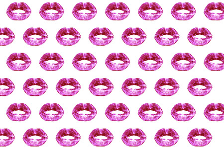Print of kiss lips women, pink female lipstick, glamorous sensual red girl lip on white background....