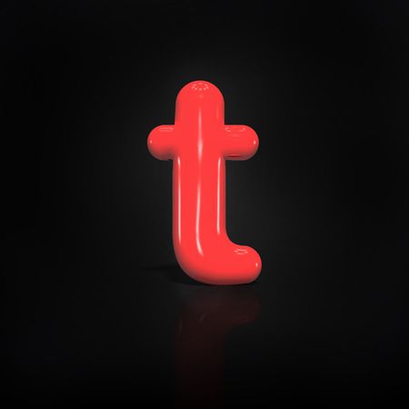Glossy red paint  letter T lowercase of bubble isolated on black background, 3d rendering illustrationの写真素材