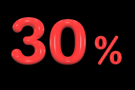 30% discount, promotion sale percent made of realistic 3d glossy red paint sign isolated on black...