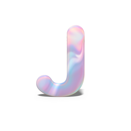 Abstract 3d capital letter J in bright holographic design. Realistic shiny alphabet on neon blue pink font, isolated white background. 3d renderingの写真素材