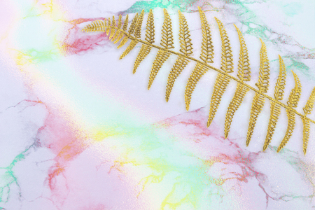 Abstract flowing Ink, gold fern leaf, palm frond on multicolored marble background. Trendy creative designの写真素材