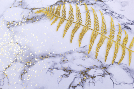 Abstract texture with gold fern leaf, palm on white marble background for design pattern artwork, modern concept of natural organic trend.の写真素材