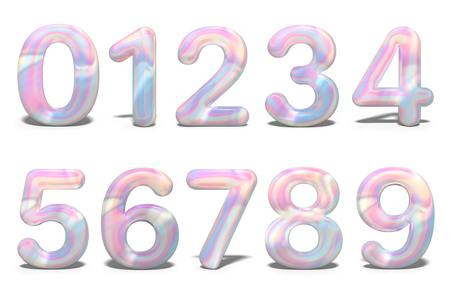 Set with colorful set numbers 3d holographic on white background. Geometric font. Celebration & party. Business card. Metal font. 3d renderingの写真素材