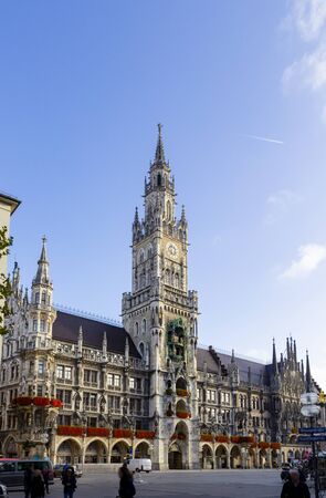 New Town Hall with clock tower on central Marienplatz square in Munich, Bavaria, Germanyの写真素材
