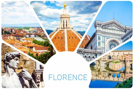 Photo collage from Florence - Cupola Brunelleschi, Statue of David by Michelangelo, Ponte Vecchio, Cathedral of Santa Maria del Fiore, set of travel pictures, Firenze, Italy.の写真素材