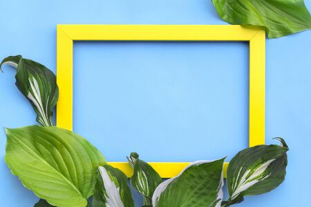 Minimal creative composition - yellow photo frame with green leaves on blue background. Flat lay, top view, copy spaceの写真素材