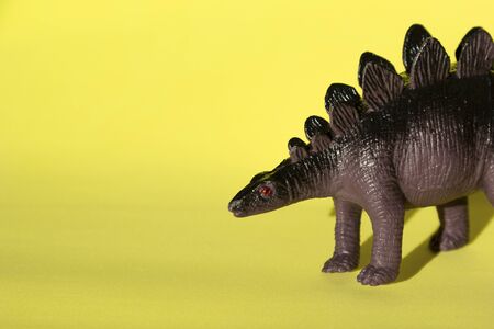 Toy dinosaur Stegosaurus on yellow background, close-up