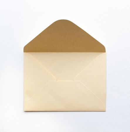 Blank paper blue envelope, letter for mail on white background, flat lay, top view. Concept postal service or greeting cardの写真素材