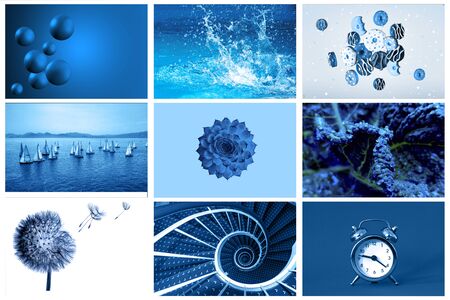 Collage set made of photos toning in classic blue color. Trendy creative design in color of 2020の写真素材
