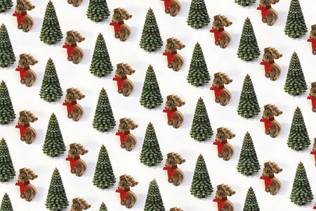 Trendy Xmas pattern made of wooden Christmas tree and deer with red bow on white isometric background in minimal style. Creative concept new Year card.の写真素材