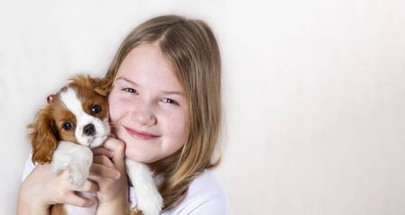 Portrait happy young girl holding cute Purebred puppy Cavalier King Charles Spaniel with red bow on white background, isolated, bannerの写真素材